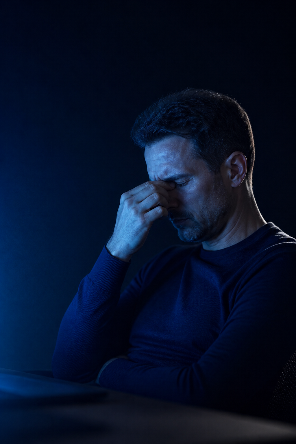 Person at a desk late in the day, mentally fatigued after long screen work